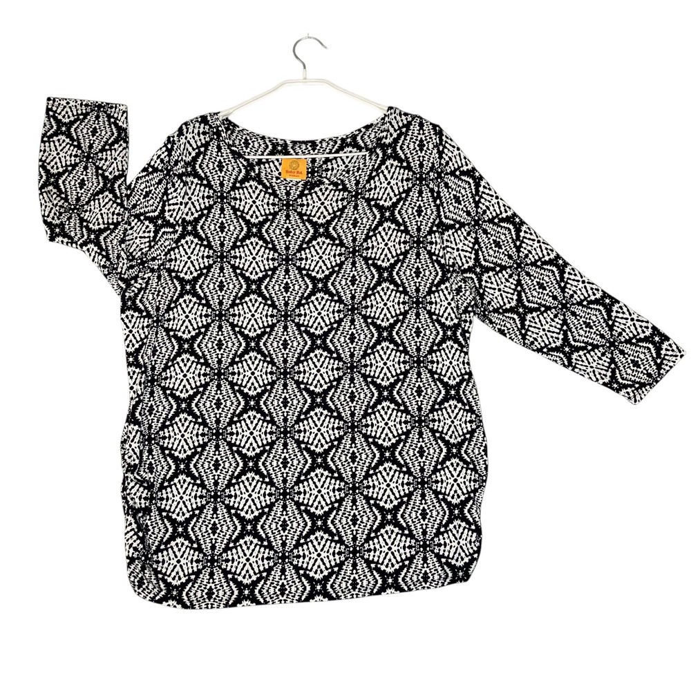 Ruby Rd. Woman Top Womens 1X Black White Geometric 3/4 Sleeve Ruched Knit Shirt